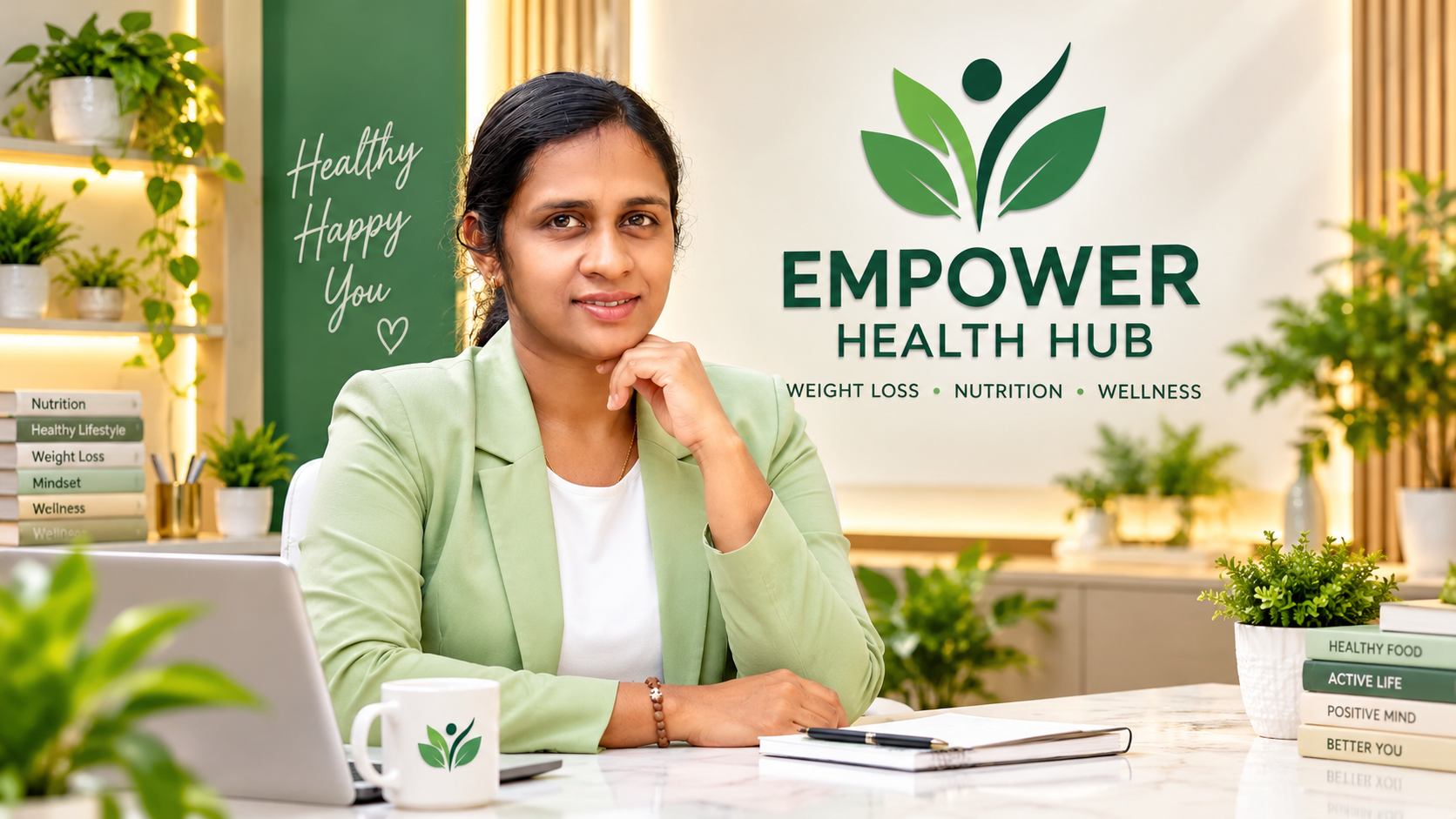 Merlin Rinesh, Empower Health Hub founder and women's health & nutrition coach, at her studio with the Empower Health Hub brand