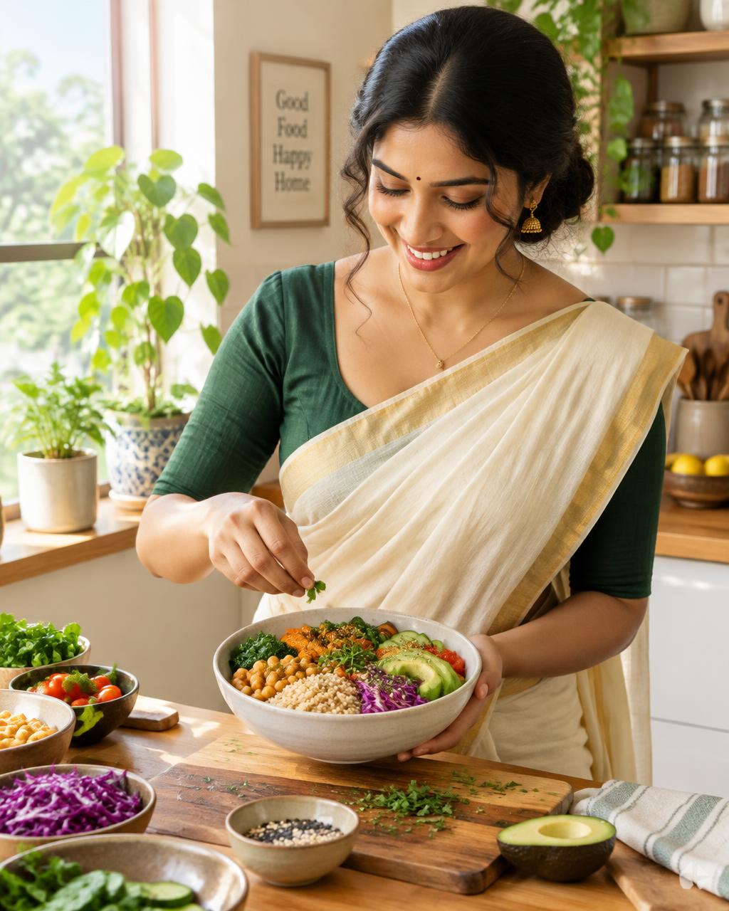 Malayali woman preparing a fresh, balanced home-cooked meal in a bright kitchen